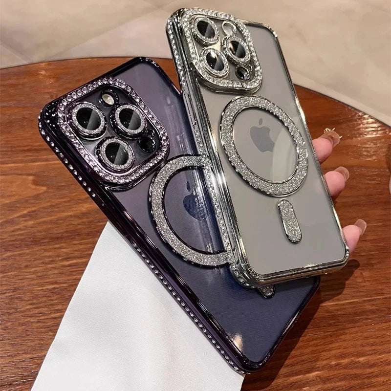 New Fashion Glitter Diamond Transparent Case For iPhone 16 15 Pro Max 16 Plus Magnetic Wireless Charge Bumper Cover