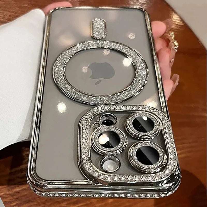 New Fashion Glitter Diamond Transparent Case For iPhone 16 15 Pro Max 16 Plus Magnetic Wireless Charge Bumper Cover