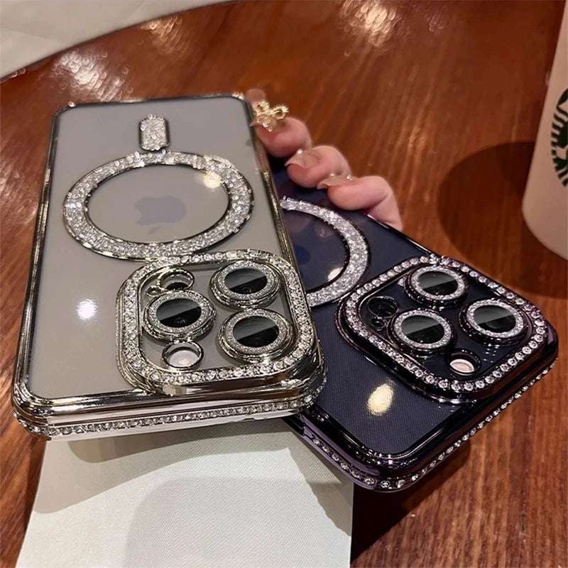 New Fashion Glitter Diamond Transparent Case For iPhone 16 15 Pro Max 16 Plus Magnetic Wireless Charge Bumper Cover