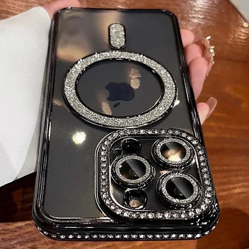 New Fashion Glitter Diamond Transparent Case For iPhone 16 15 Pro Max 16 Plus Magnetic Wireless Charge Bumper Cover