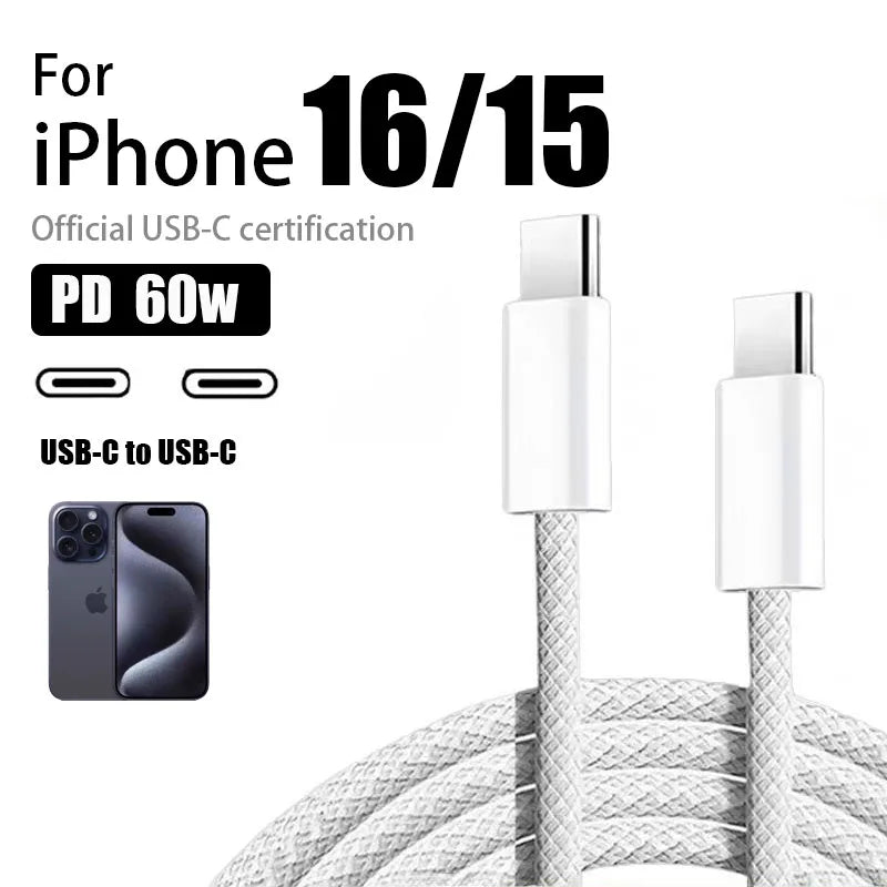 60W USB-C Fast Charge For iPhone 16 15 Pro Max Plus Samsung Phone Type C Weaving Quick Charging Cable