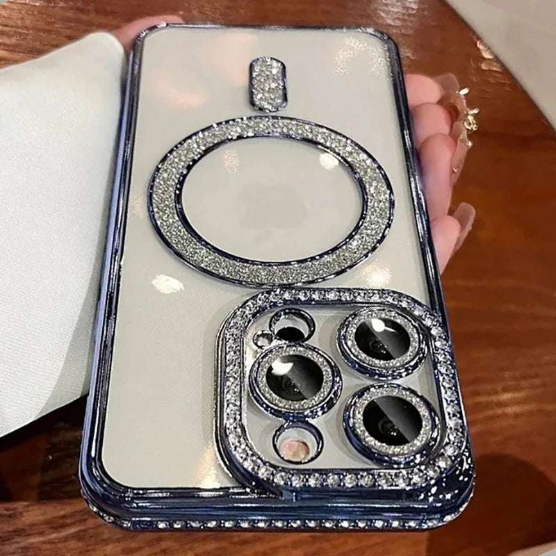 New Fashion Glitter Diamond Transparent Case For iPhone 16 15 Pro Max 16 Plus Magnetic Wireless Charge Bumper Cover