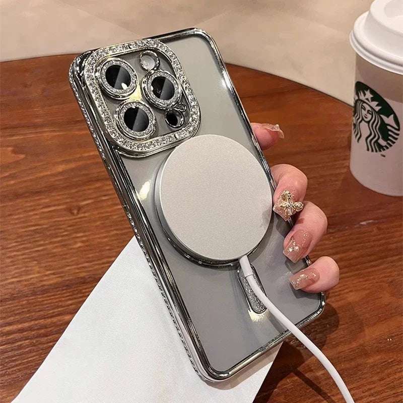 New Fashion Glitter Diamond Transparent Case For iPhone 16 15 Pro Max 16 Plus Magnetic Wireless Charge Bumper Cover