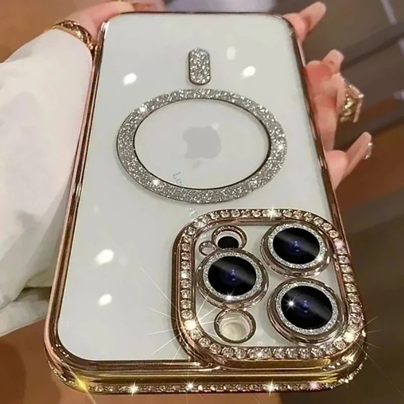New Fashion Glitter Diamond Transparent Case For iPhone 16 15 Pro Max 16 Plus Magnetic Wireless Charge Bumper Cover
