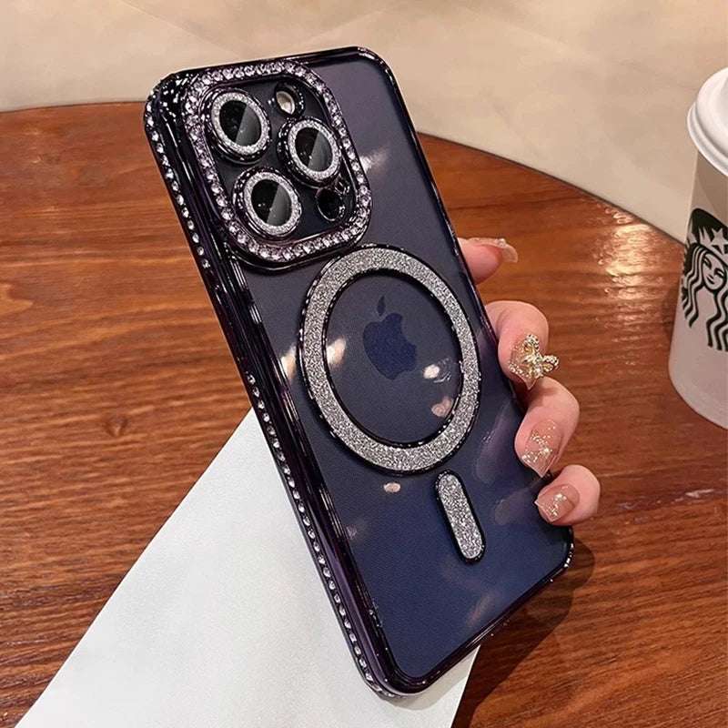 New Fashion Glitter Diamond Transparent Case For iPhone 16 15 Pro Max 16 Plus Magnetic Wireless Charge Bumper Cover