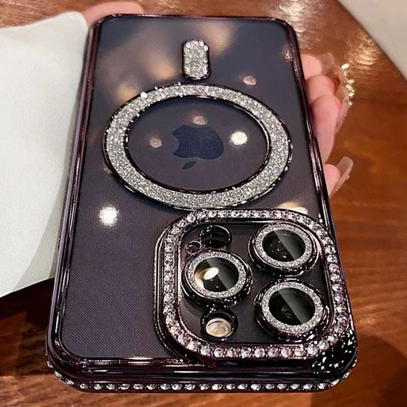 New Fashion Glitter Diamond Transparent Case For iPhone 16 15 Pro Max 16 Plus Magnetic Wireless Charge Bumper Cover