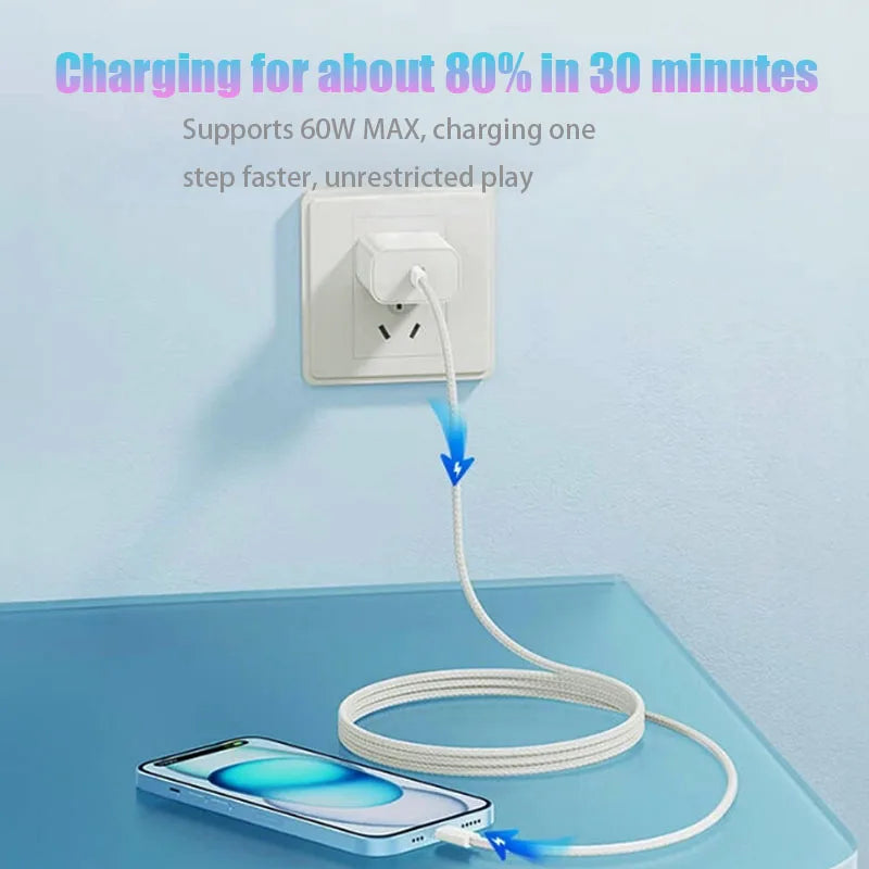 60W USB-C Fast Charge For iPhone 16 15 Pro Max Plus Samsung Phone Type C Weaving Quick Charging Cable
