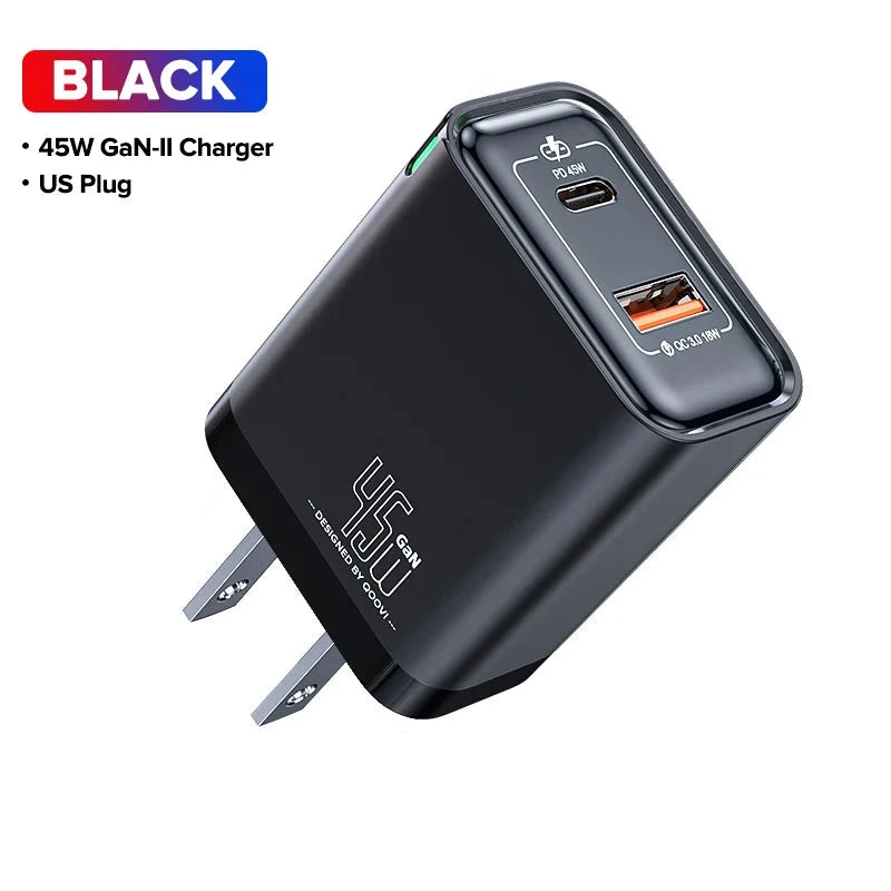 45W USB fast charging charger, USB Type-C wall charger, PD QC3.0 fast charging for iPhone, Samsung Galaxy S25 S24 S25 plus S24 plus S25 ultra S24 ultra S23, S22 S21, laptop, tablet. Graceupnow.com US Plug Black 