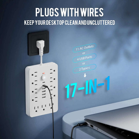 17-in-1 US Power Outlet Surge Protector - Desktop Charging Station with 11 AC Outlets, 4 USB Ports & 2 Type-C Ports
