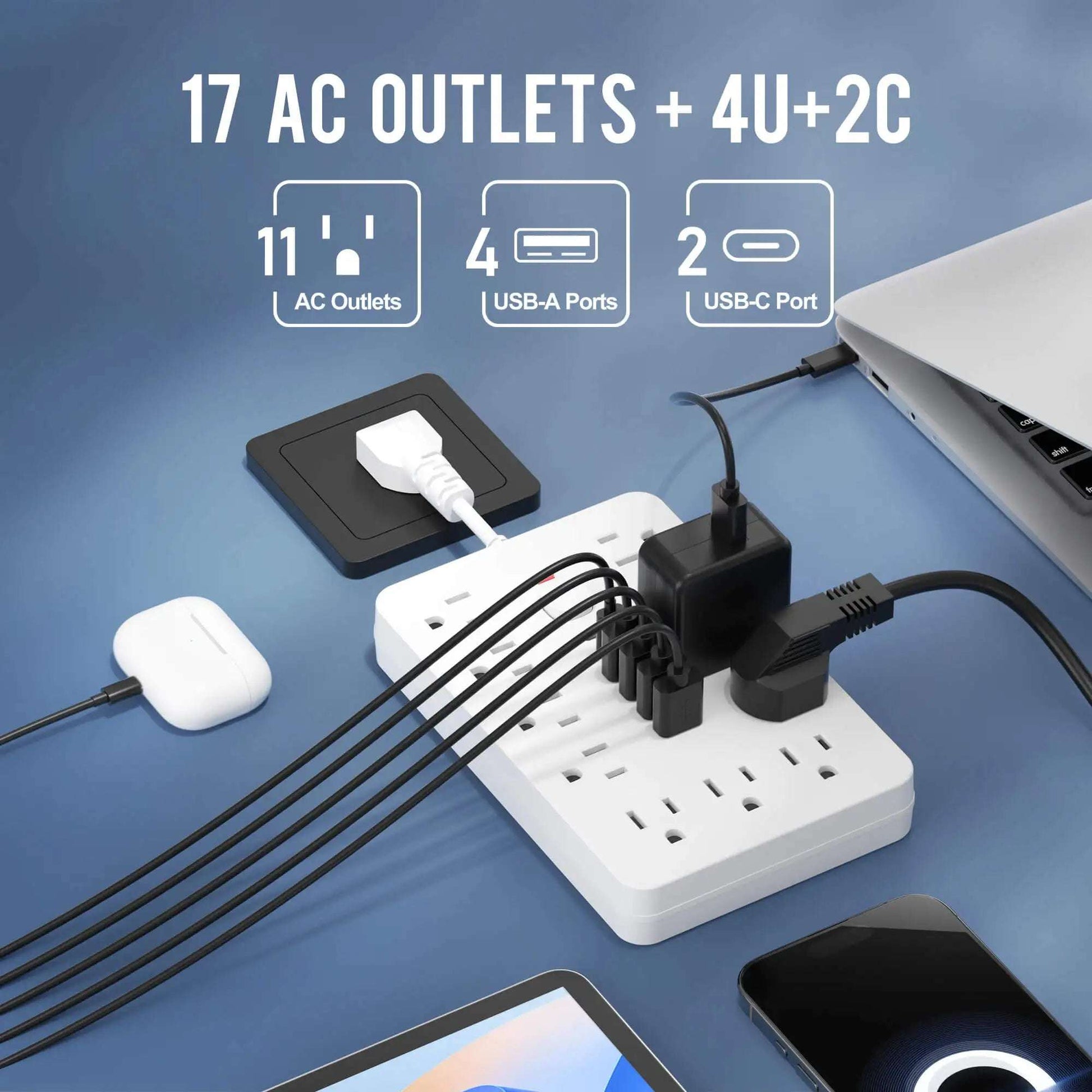 17-in-1 US Power Outlet Surge Protector - Desktop Charging Station with 11 AC Outlets, 4 USB Ports & 2 Type-C Ports